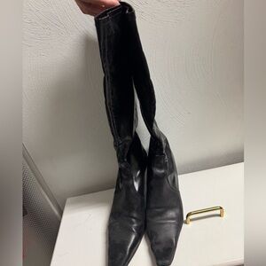 Ladies black stretch knee high boots with kitten heel by Donald Pliner.